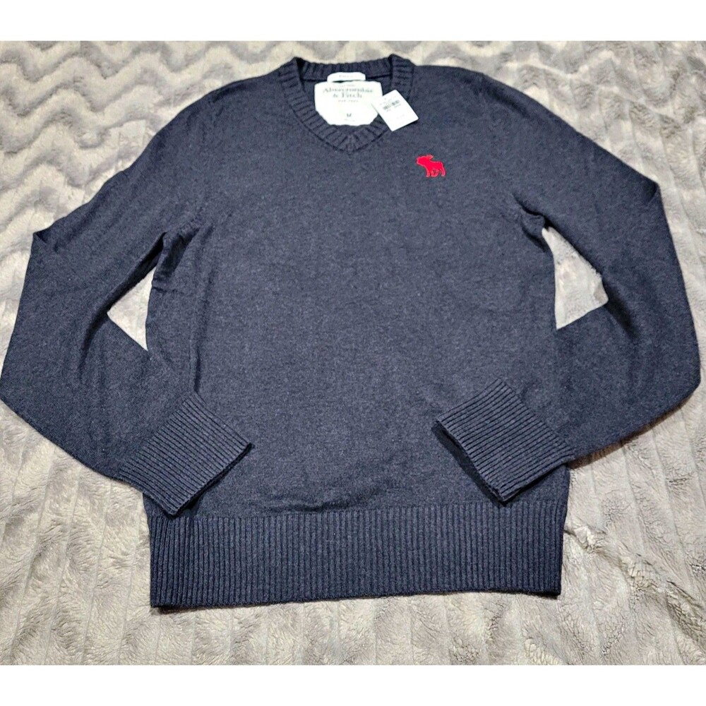 Abercrombie & Fitch Mens Size M Gray Muscle V Neck Cotton Cashmere Logo Sweater